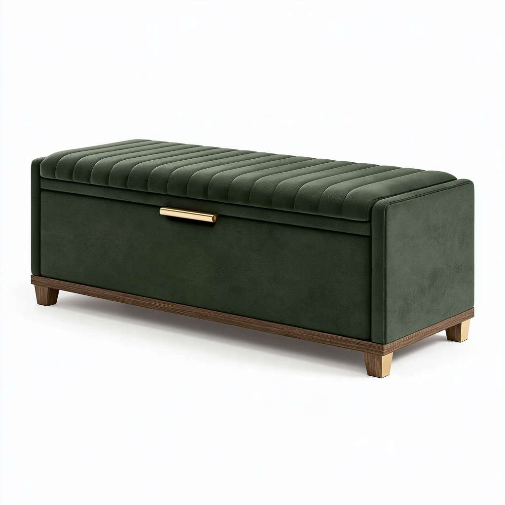 Coffre-banc de rangement 120 x 45 x 48 cm en tissu effet velours vert style contemporain
