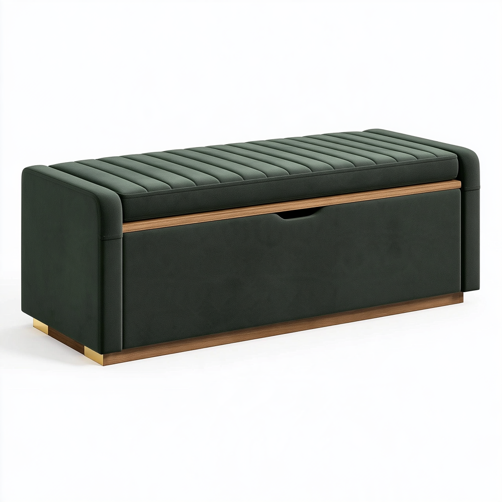 Banc coffre de rangement 120 x 45 x 50 cm en tissu vert et bois style contemporain