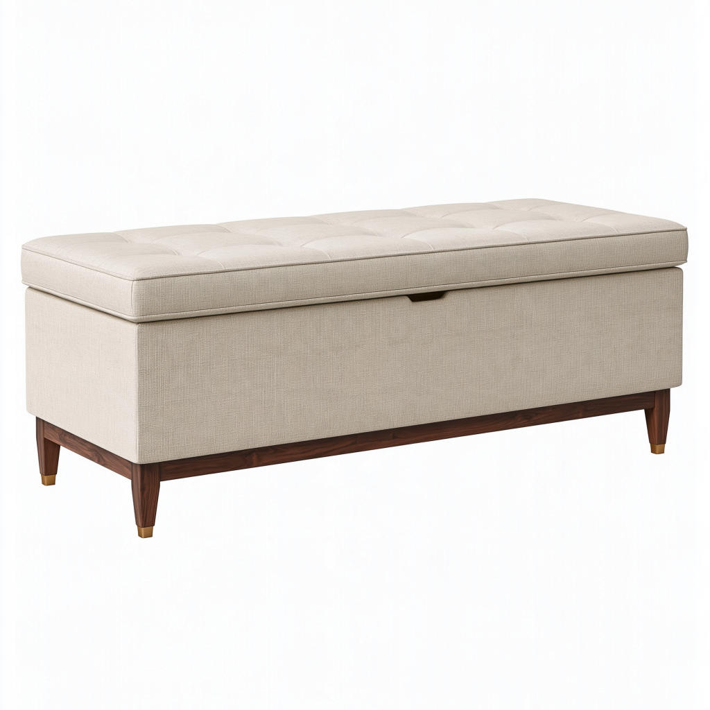 Banc coffre 130 x 45 x 48 cm en tissu beige et bois marron - Assise capitonnée avec rangement