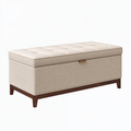 Banc coffre de rangement 120 x 45 x 48 cm en tissu beige et bois - Assise capitonnée