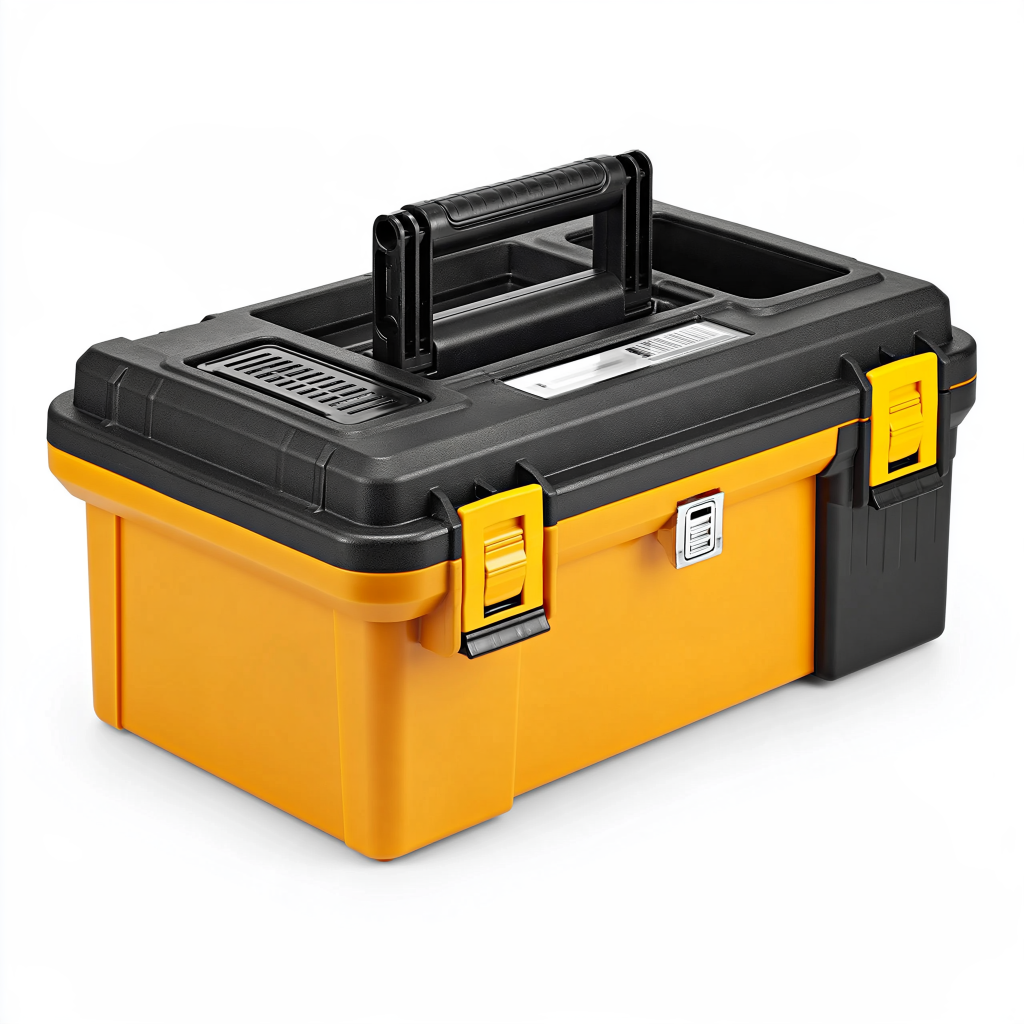 Boîte à outils 50 x 30 x 25 cm en plastique noir et jaune avec poignée et compartiments de rangement