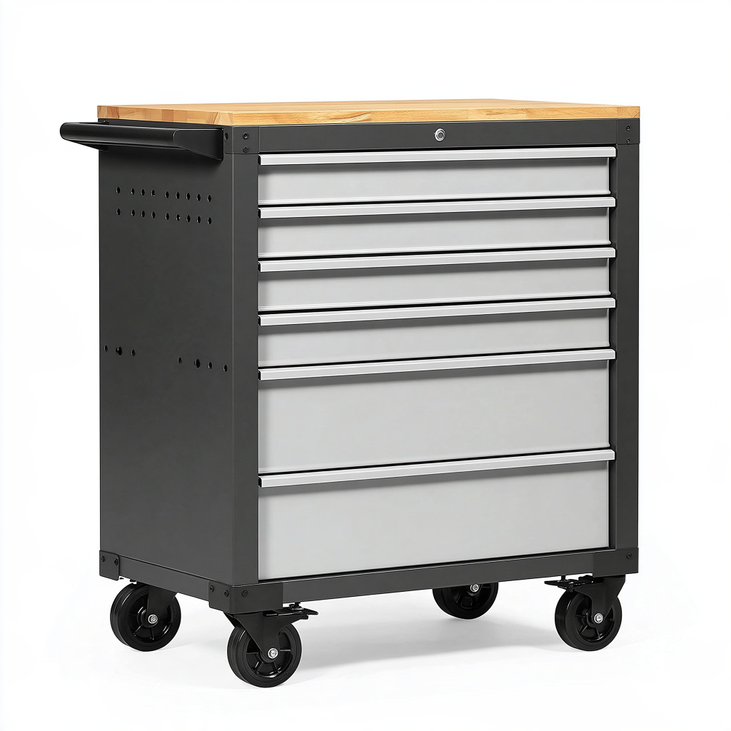 Servante d'atelier 76 x 46 x 95 cm en acier noir et gris avec plan de travail en bois à roulettes