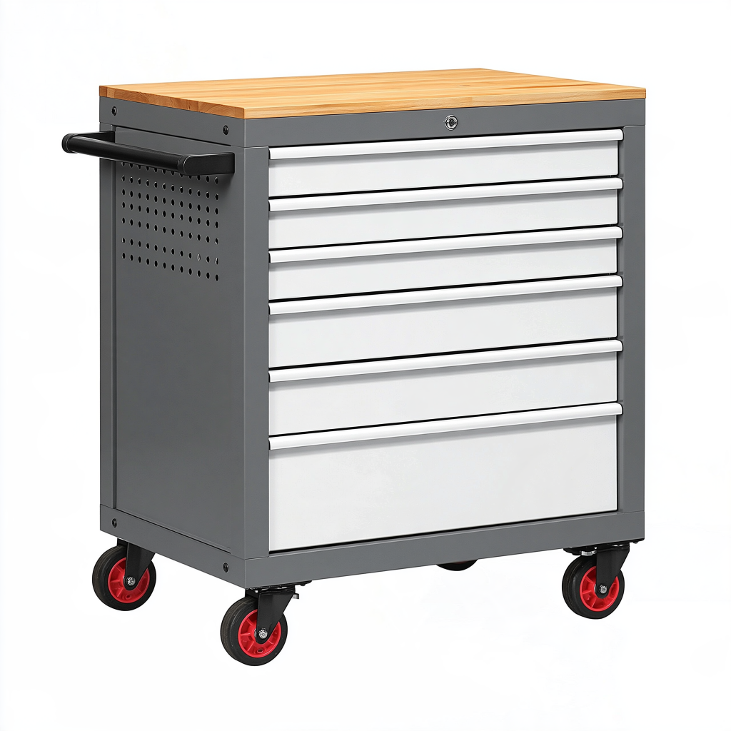 Servante d'atelier 77 x 46 x 95 cm acier gris avec plateau en bois 6 tiroirs mobile