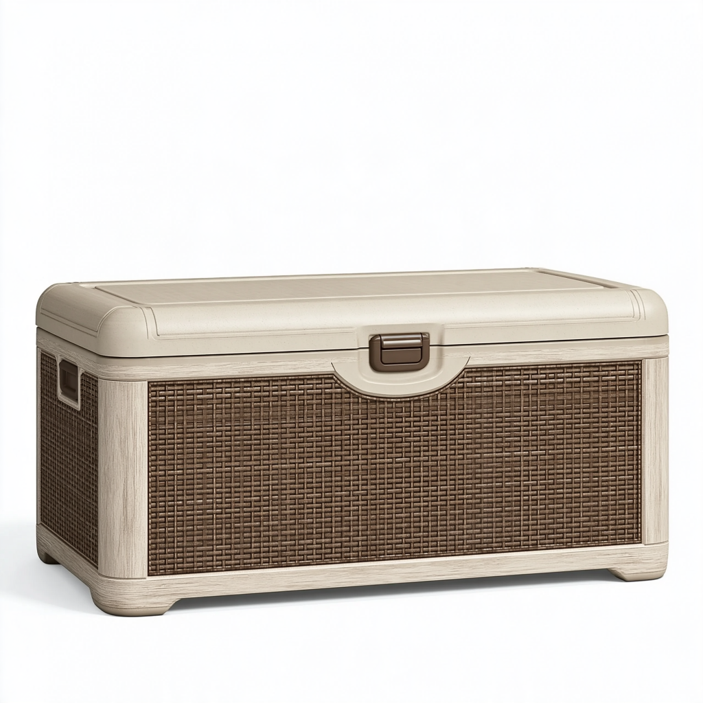 Coffre de rangement 120 x 55 x 60 cm en polypropylène beige et marron effet tressé pour extérieur avec couvercle
