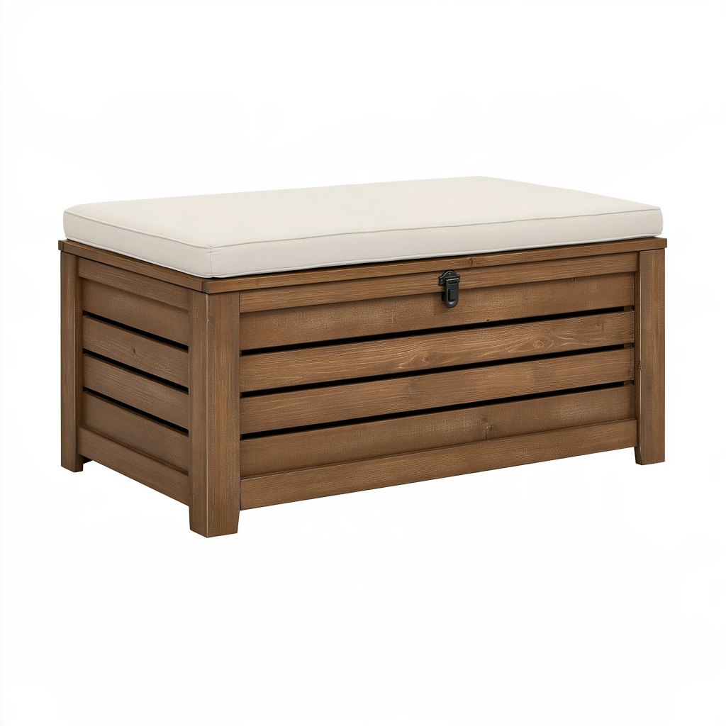 Banc coffre de rangement 120 x 55 x 55 cm en bois brun avec coussin beige pour extérieur