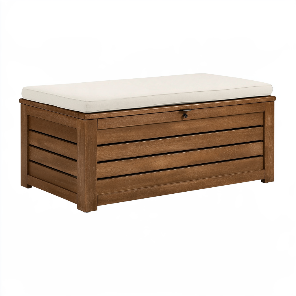 Coffre de rangement extérieur 120 x 50 x 50 cm en bois marron avec assise rembourrée