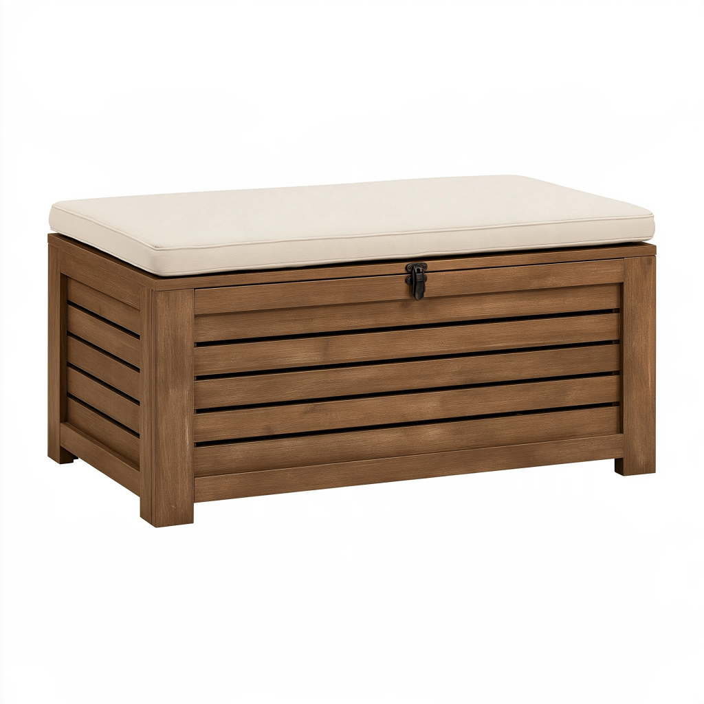 Coffre de rangement extérieur 120 x 50 x 50 cm en bois marron avec coussin beige assise