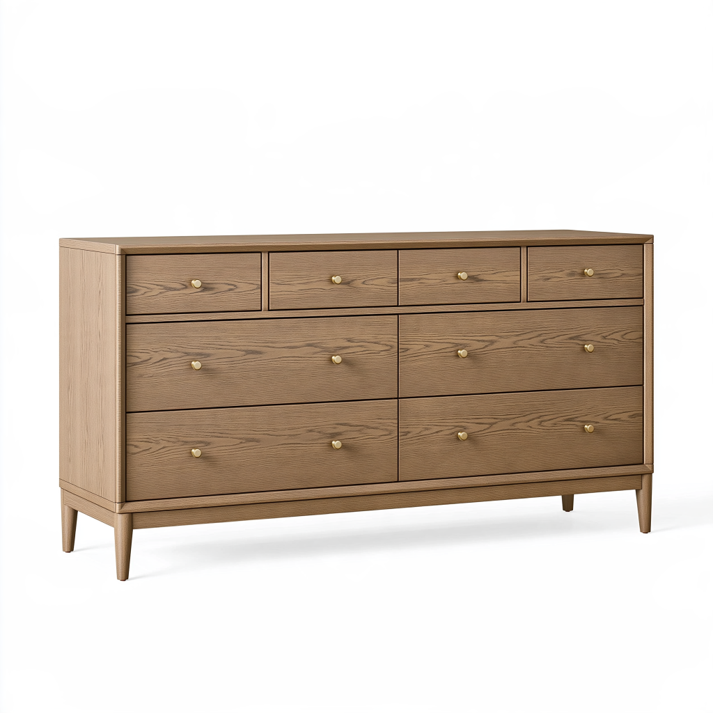 Commode 160 cm en bois marron avec 8 tiroirs style classique