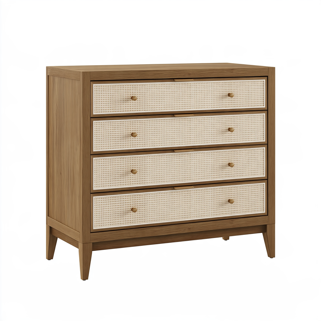 Commode 90 x 45 x 100 cm en bois marron avec 4 tiroirs en cannage style naturel