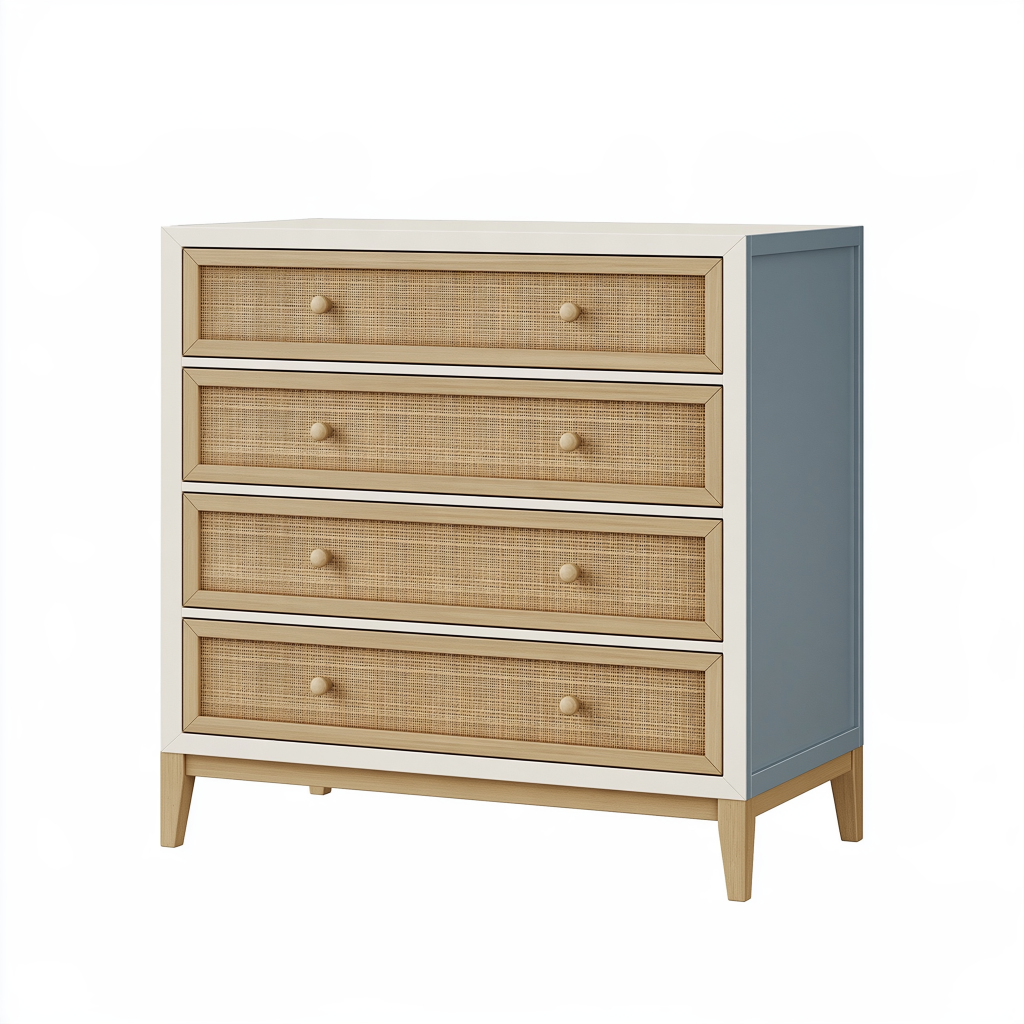 Commode 90 x 45 x 120 cm en bois beige gris bleu avec 4 tiroirs en cannage style naturel