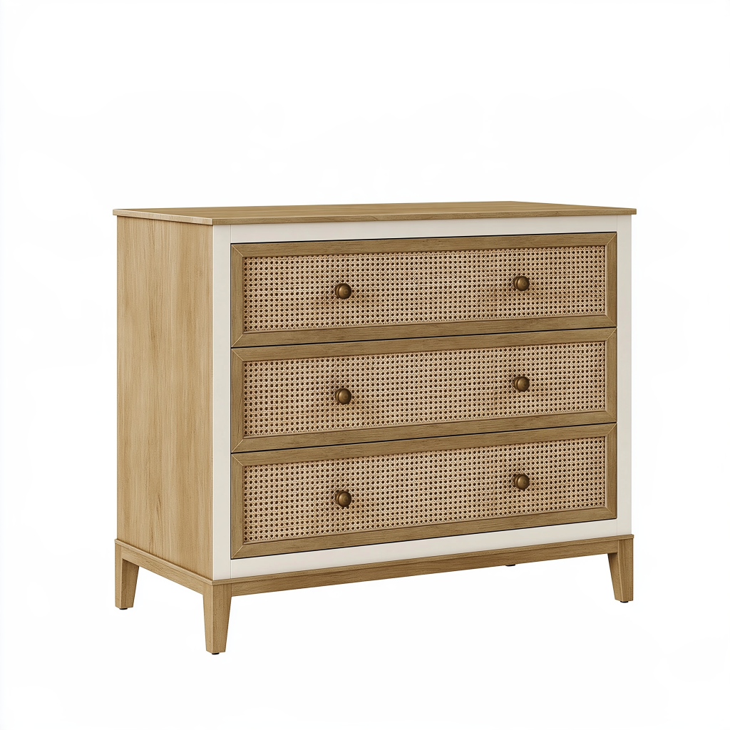 Commode 90 x 40 x 90 cm en bois naturel blanc avec cannage à 3 tiroirs style bohème