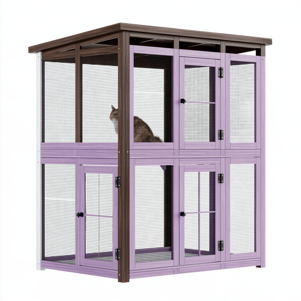Enclos pour chat 112 x 75 x 180 cm en bois et maille métallique violet marron à deux niveaux