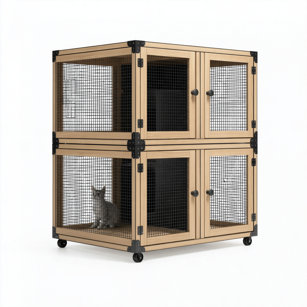 Cage pour chat 120 x 60 x 120 cm en bois naturel et métal noir à roulettes