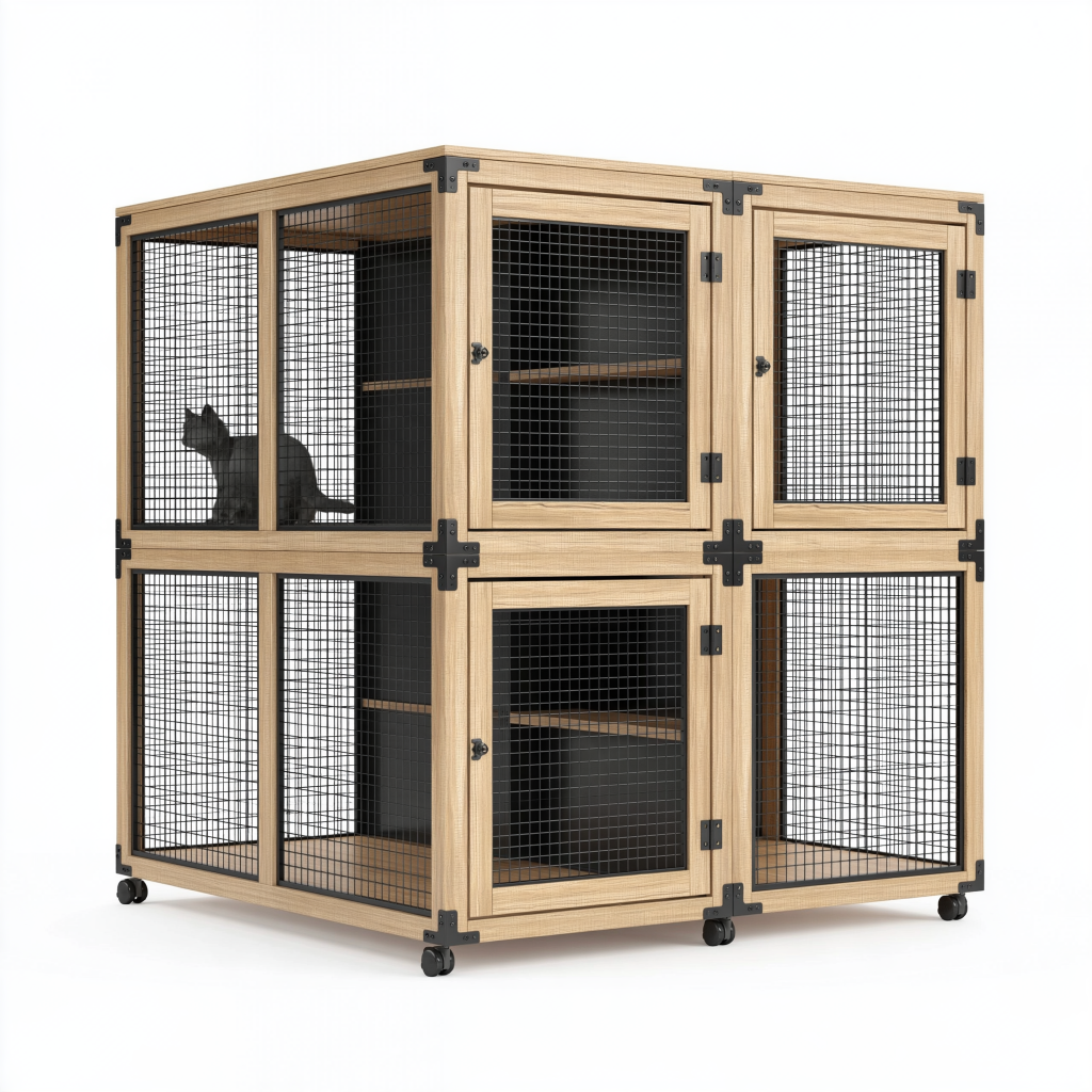 Cage pour chat 120 x 60 x 120 cm en bois naturel et métal noir sur roulettes
