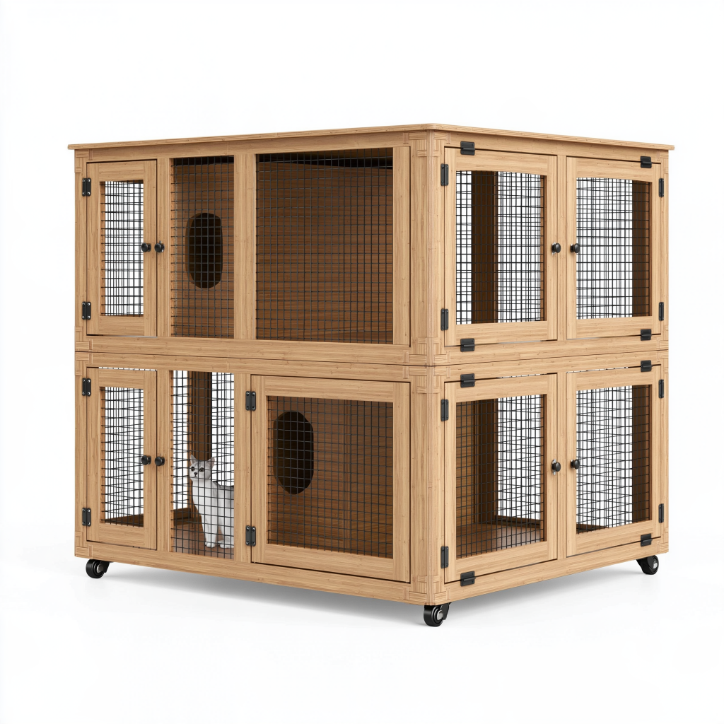 Cage pour chats 120 x 60 x 120 cm en bois naturel et métal sur roulettes à quatre compartiments
