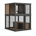 Enclos pour chat 120 x 60 x 120 cm en métal noir et panneaux aspect bois à deux niveaux