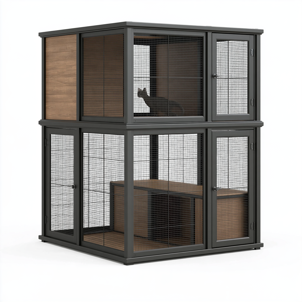 Enclos pour chat 120 x 60 x 120 cm en métal noir et panneaux aspect bois à deux niveaux