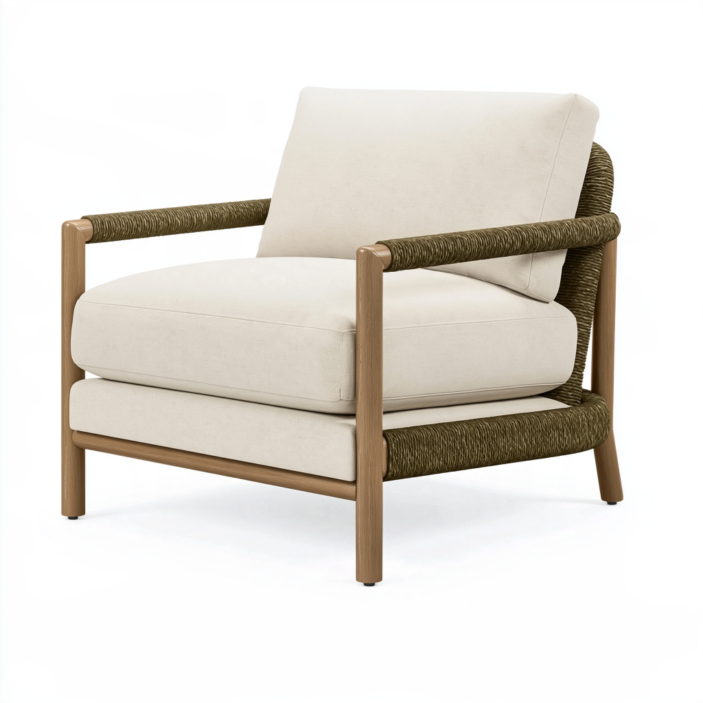 Fauteuil 82 x 78 x 76 cm en bois tissu écru et cordage tressé style naturel