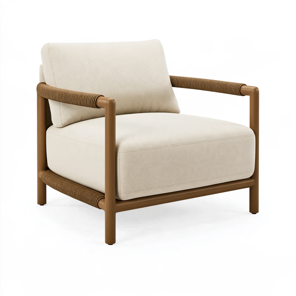 Fauteuil 75 x 80 x 78 cm en tissu crème et métal marron avec accoudoirs tressés style contemporain